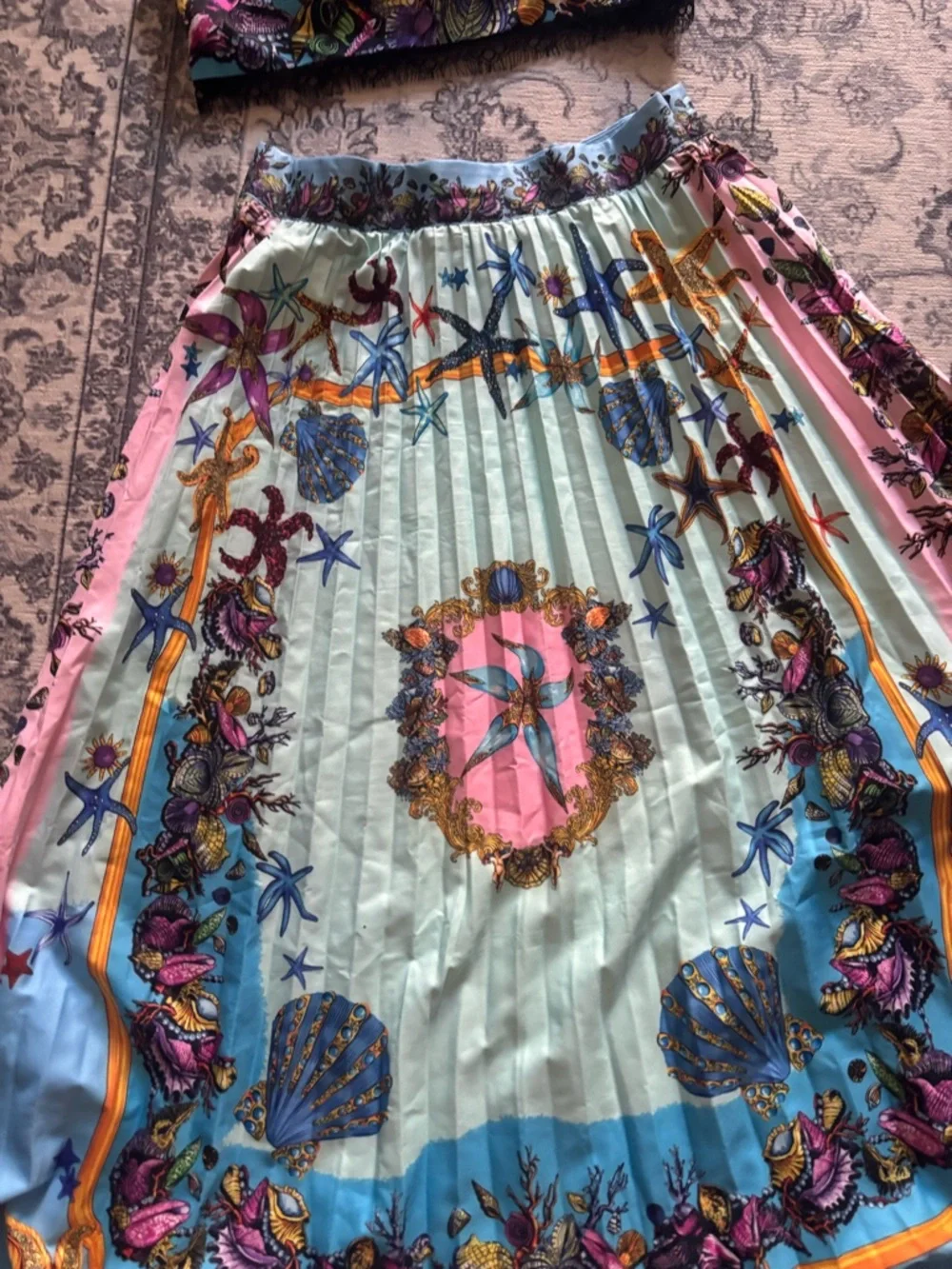 Pleated Seashell Print Midi Skirt - Aqua, Pink & Blue - Picture 5 of 5